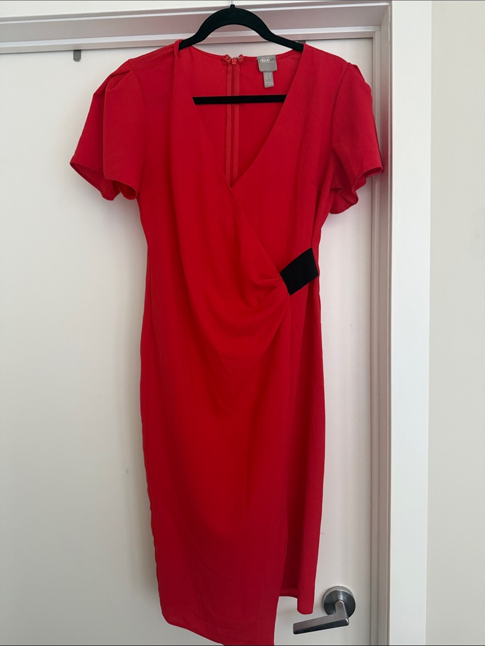 ASOS Red Faux-Wrap Midi Dress with Black Waist Detail